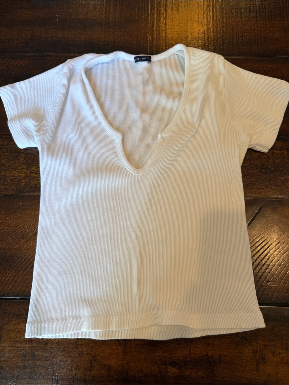 Brandy Melville White Ribbed V-Neck Short Sleeve Tee